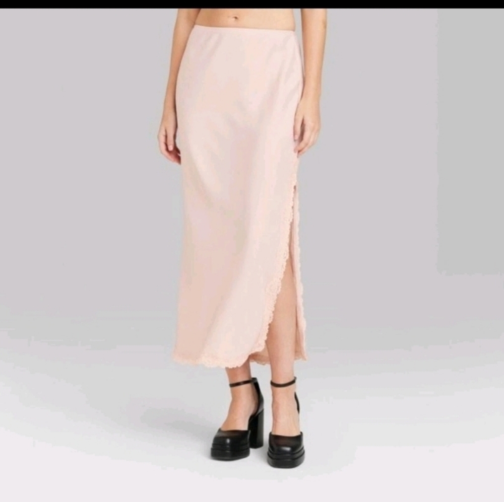 Wild Fable Women's Light Pink Satin Lace Trim Midi Skirt Berry Size M Waist 16